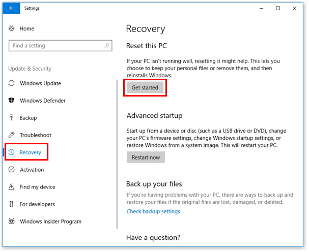 Reset Windows 10 process