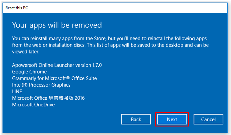 Reset Windows 10 process