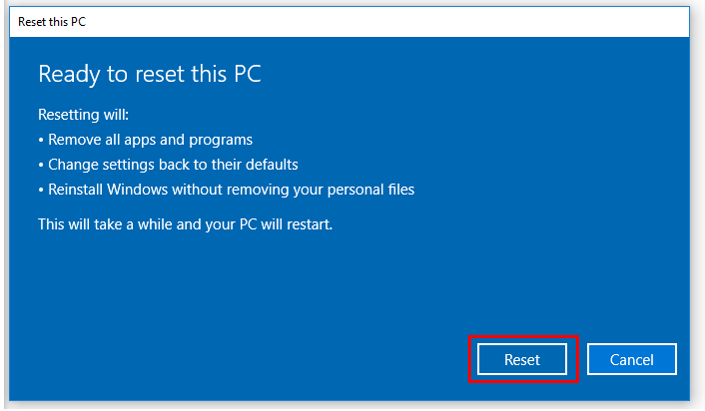 Reset Windows 10 process