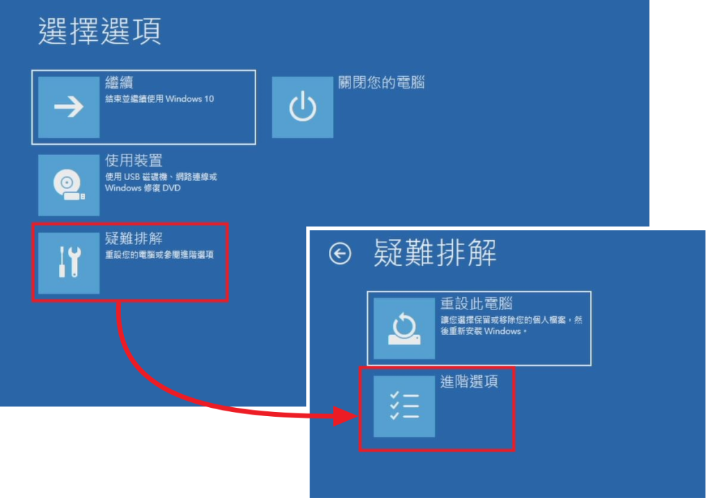 進入還原程序，選擇【疑難排解 > 進階選項】