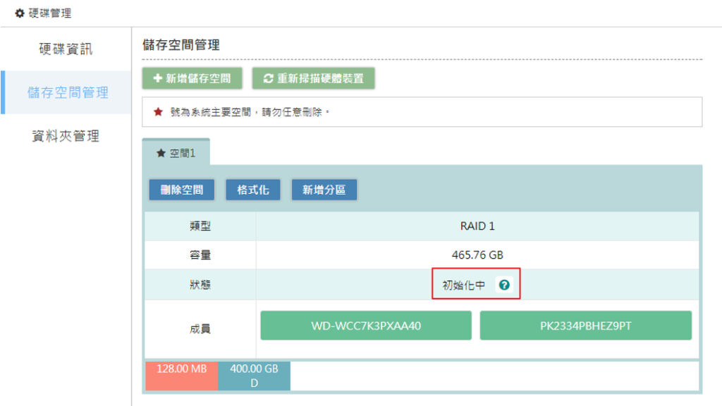 若狀態轉為【初始化中】，代表正在進行容量升級