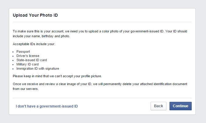 Facebook account recovery process - upload photo ID