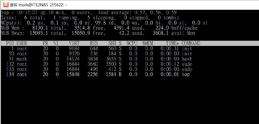 用 Sudo top 檢視系統資源狀態的結果