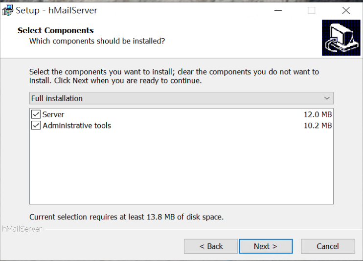hMailServer 安裝過程選擇「Server + Administrative Tools」