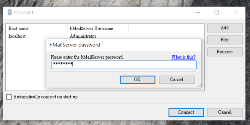 輸入剛剛設定的 hMailServer 管理密碼